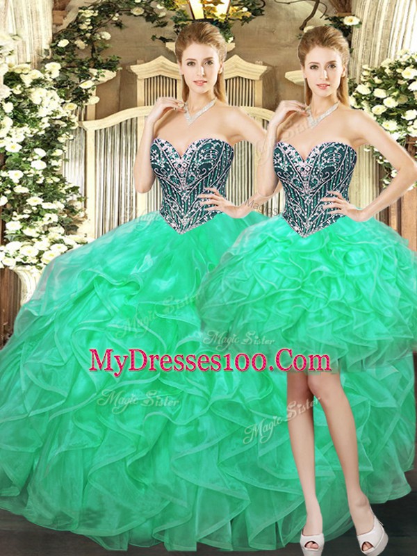 Spectacular Beading and Ruffles Sweet 16 Quinceanera Dress Turquoise Lace Up Sleeveless Floor Length