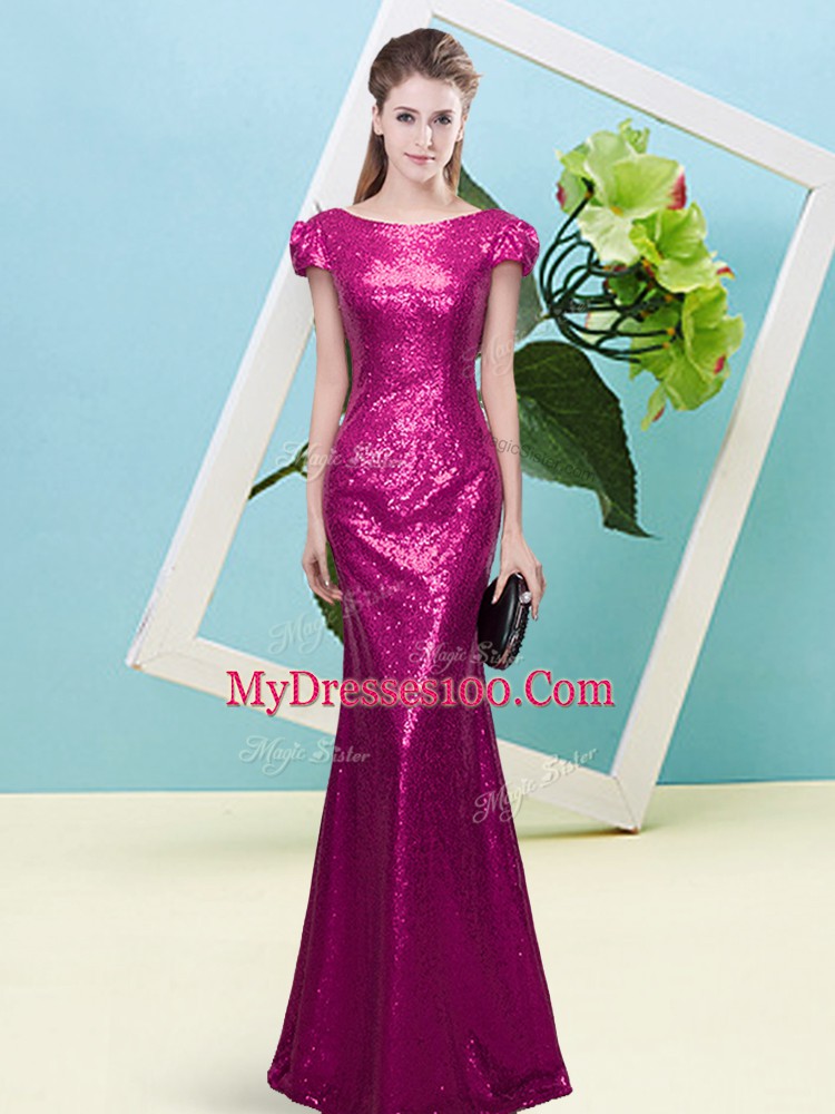 Sequined Scoop Cap Sleeves Zipper Sequins in Fuchsia