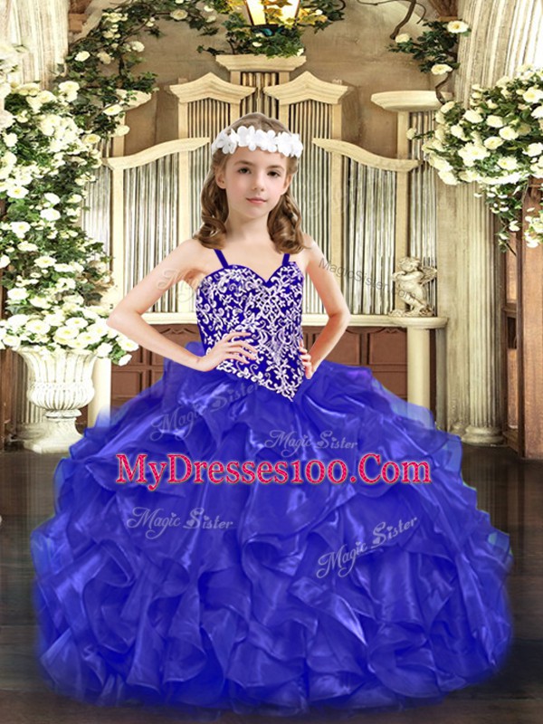 High End Blue Sleeveless Organza Lace Up Pageant Gowns For Girls for Party and Quinceanera