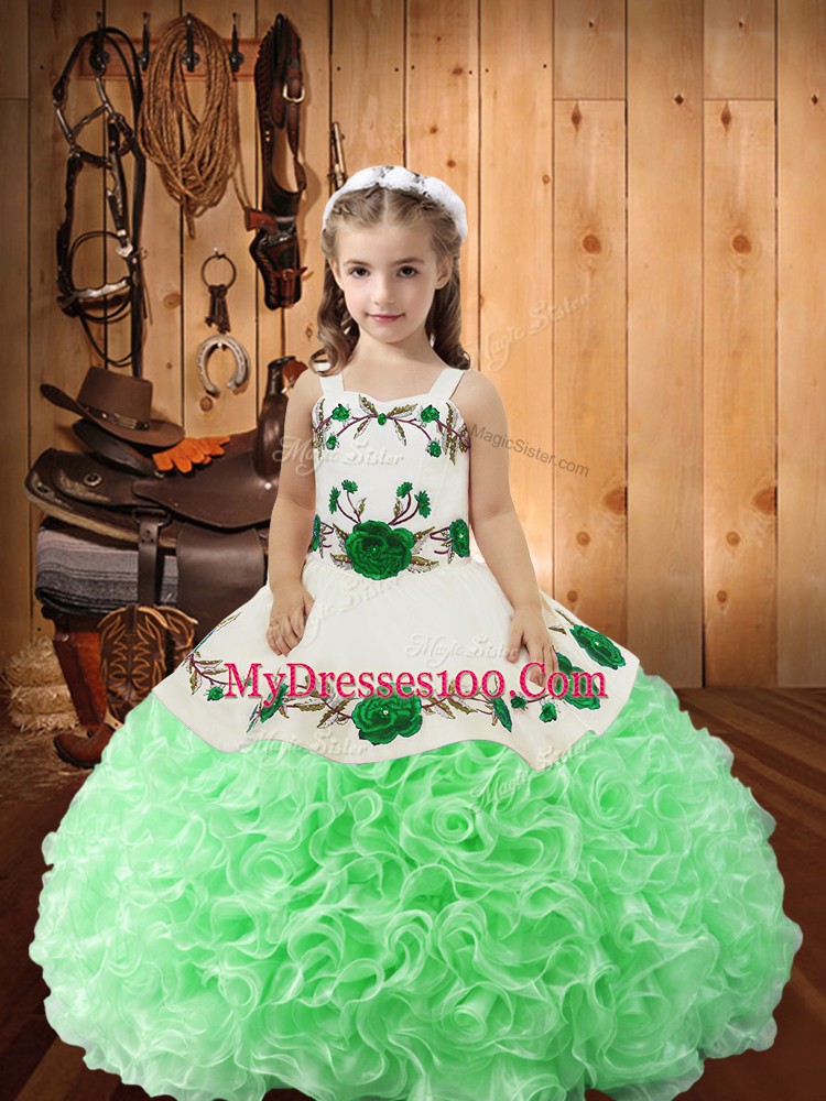 Green Ball Gowns Fabric With Rolling Flowers Straps Sleeveless Embroidery and Ruffles Floor Length Lace Up Glitz Pageant Dress