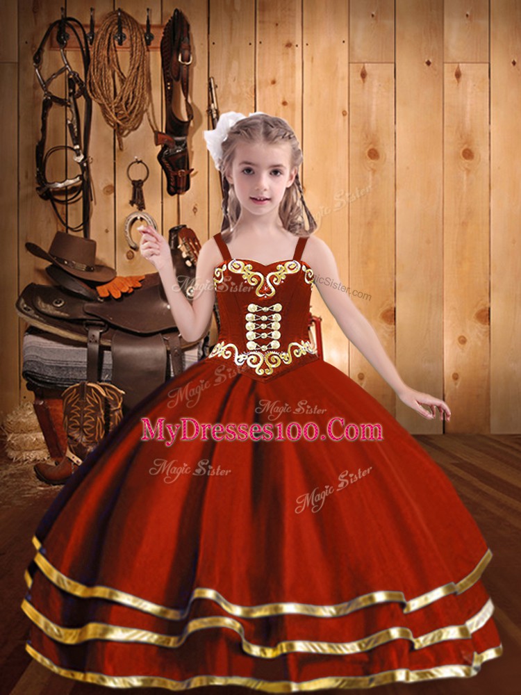 Rust Red Organza Lace Up Straps Sleeveless Floor Length Pageant Dress Toddler Beading and Embroidery and Ruffled Layers