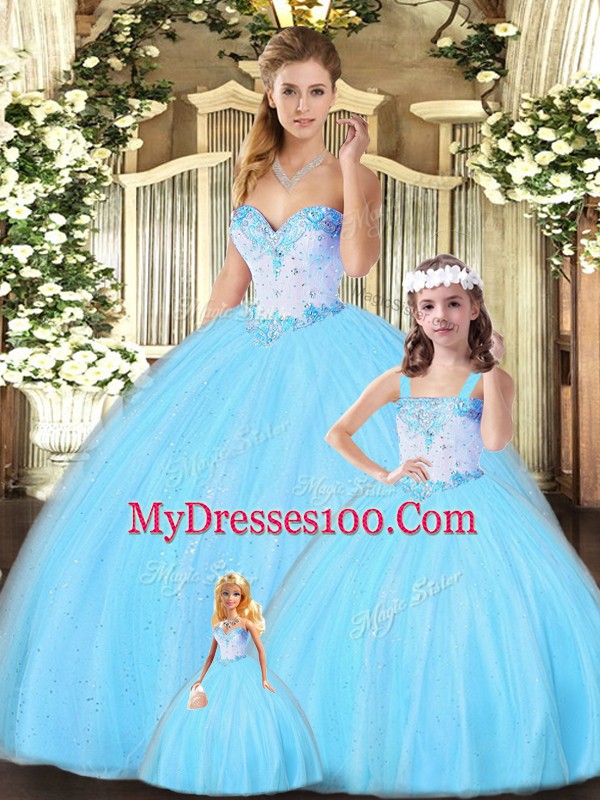 Designer Sleeveless Tulle Floor Length Lace Up Ball Gown Prom Dress in Aqua Blue with Beading