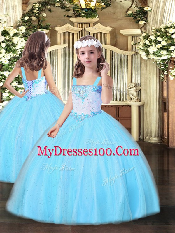 Designer Sleeveless Tulle Floor Length Lace Up Ball Gown Prom Dress in Aqua Blue with Beading
