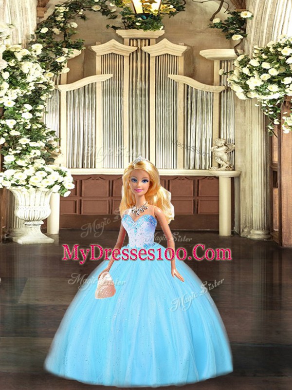 Designer Sleeveless Tulle Floor Length Lace Up Ball Gown Prom Dress in Aqua Blue with Beading