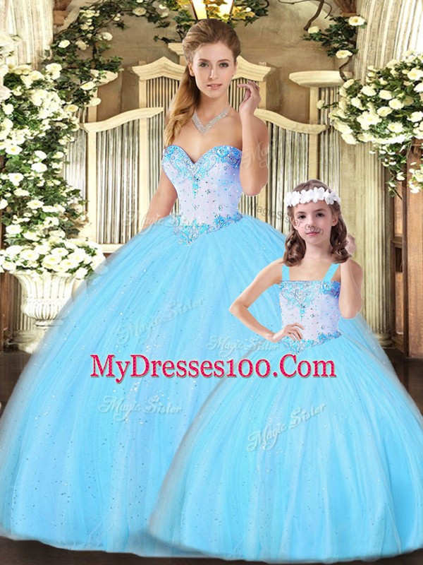 Designer Sleeveless Tulle Floor Length Lace Up Ball Gown Prom Dress in Aqua Blue with Beading