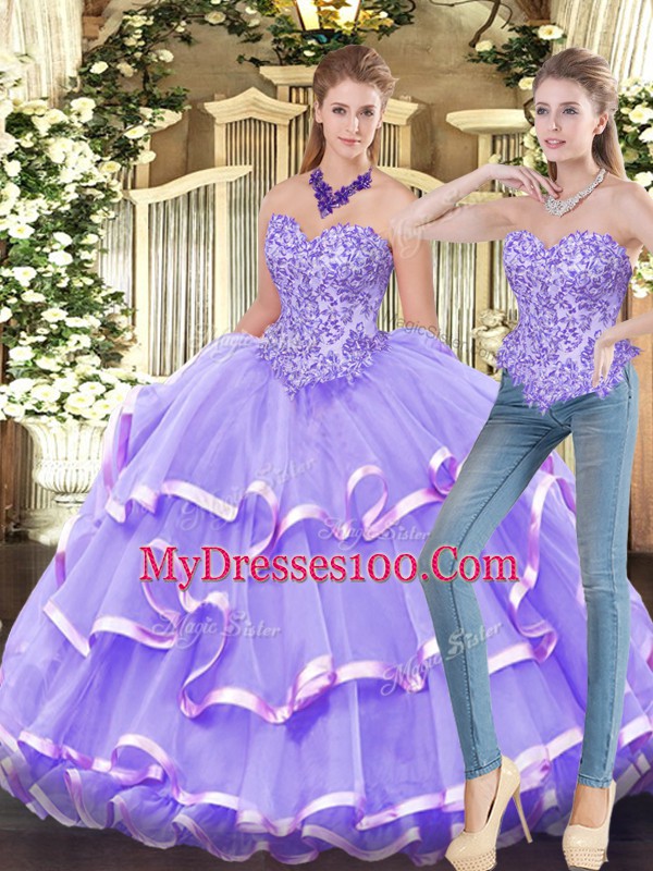 Lavender 15 Quinceanera Dress Military Ball and Sweet 16 and Quinceanera with Appliques and Ruffled Layers Sweetheart Sleeveless Zipper