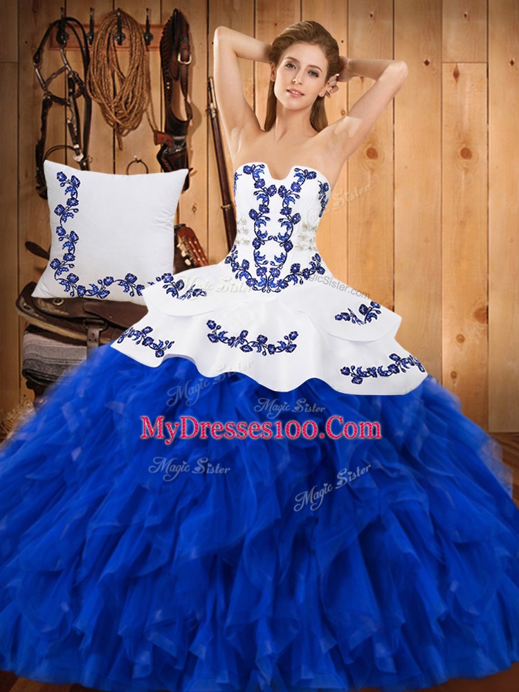 Pretty Ball Gowns Sweet 16 Dresses Blue And White Strapless Satin and Organza Sleeveless Floor Length Lace Up