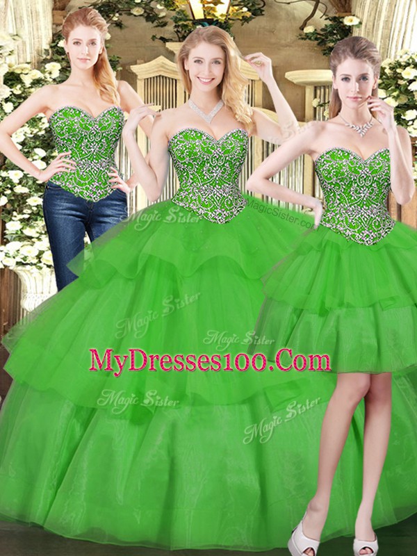 Stylish Sleeveless Floor Length Beading and Ruffled Layers Lace Up Quinceanera Gown with Green