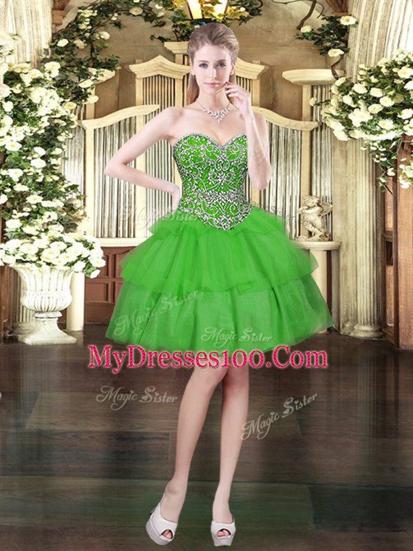 Stylish Sleeveless Floor Length Beading and Ruffled Layers Lace Up Quinceanera Gown with Green