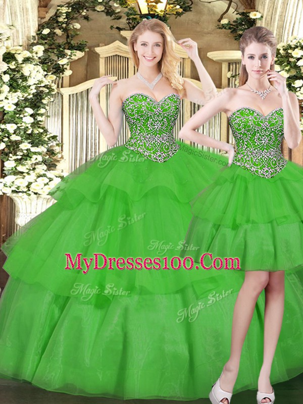 Stylish Sleeveless Floor Length Beading and Ruffled Layers Lace Up Quinceanera Gown with Green