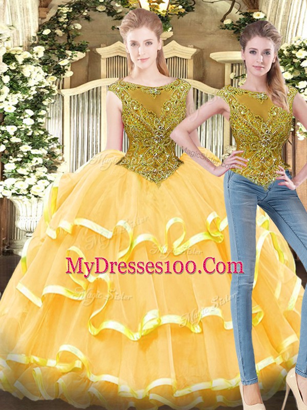 Designer Floor Length Zipper 15 Quinceanera Dress Gold for Military Ball and Sweet 16 and Quinceanera with Beading and Ruffled Layers