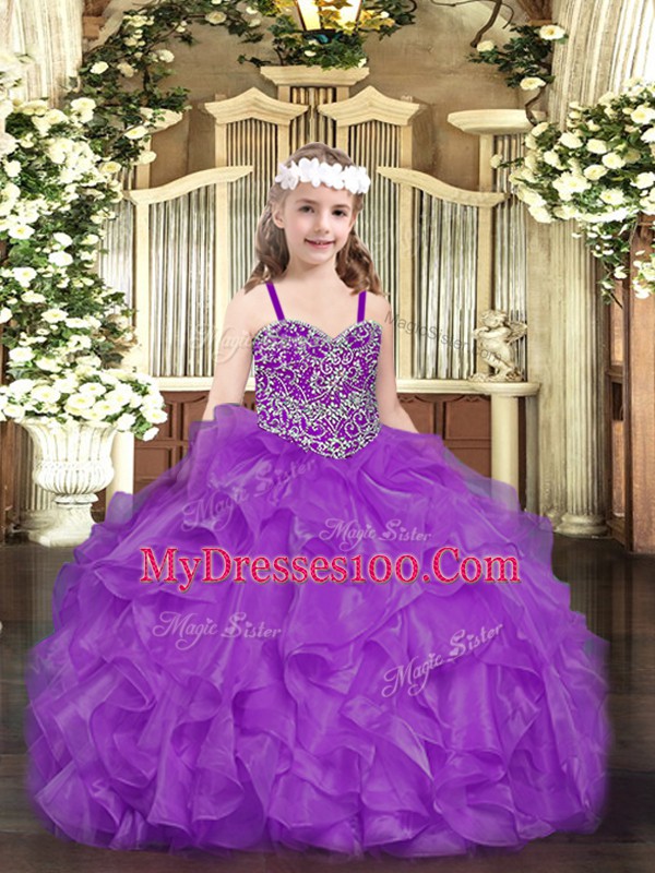 Organza Sleeveless Floor Length Little Girls Pageant Gowns and Beading and Ruffles