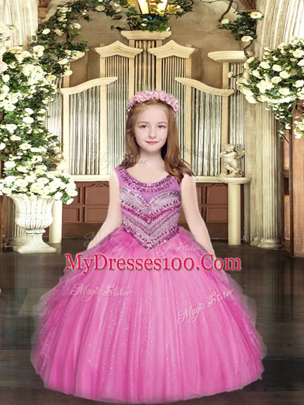 Glorious Rose Pink Lace Up Scoop Beading and Ruffles Little Girl Pageant Gowns Tulle Sleeveless