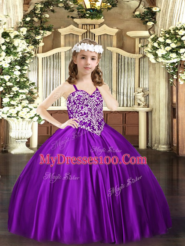 Custom Design Purple Sleeveless Floor Length Beading Lace Up Girls Pageant Dresses