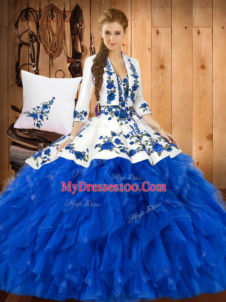 Customized Blue Satin and Organza Lace Up Quinceanera Gowns Sleeveless Floor Length Ruffles