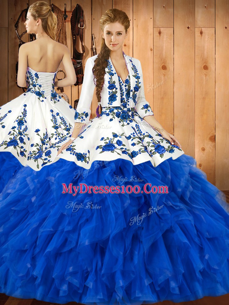 Customized Blue Satin and Organza Lace Up Quinceanera Gowns Sleeveless Floor Length Ruffles