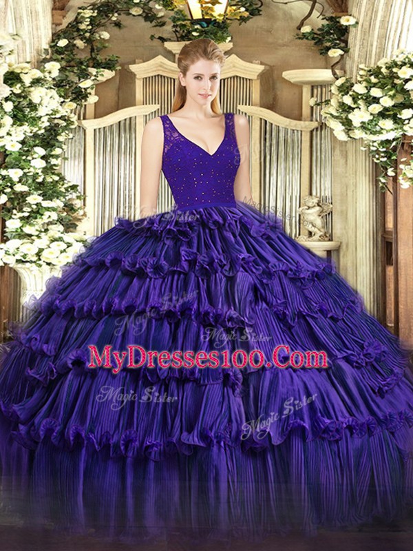 V-neck Sleeveless Zipper 15th Birthday Dress Purple Organza