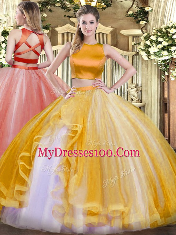 Elegant Gold Criss Cross Sweet 16 Dress Ruffles Sleeveless Floor Length