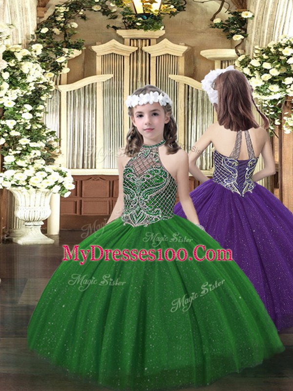 Ball Gowns Vestidos de Quinceanera Dark Green Halter Top Tulle Sleeveless Floor Length Lace Up