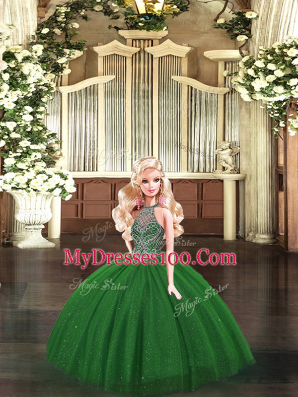 Ball Gowns Vestidos de Quinceanera Dark Green Halter Top Tulle Sleeveless Floor Length Lace Up