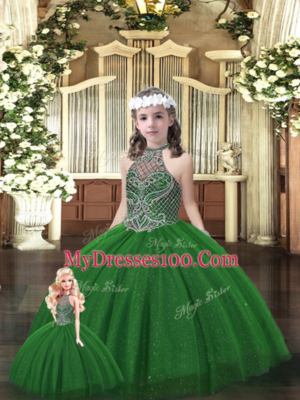 Ball Gowns Vestidos de Quinceanera Dark Green Halter Top Tulle Sleeveless Floor Length Lace Up