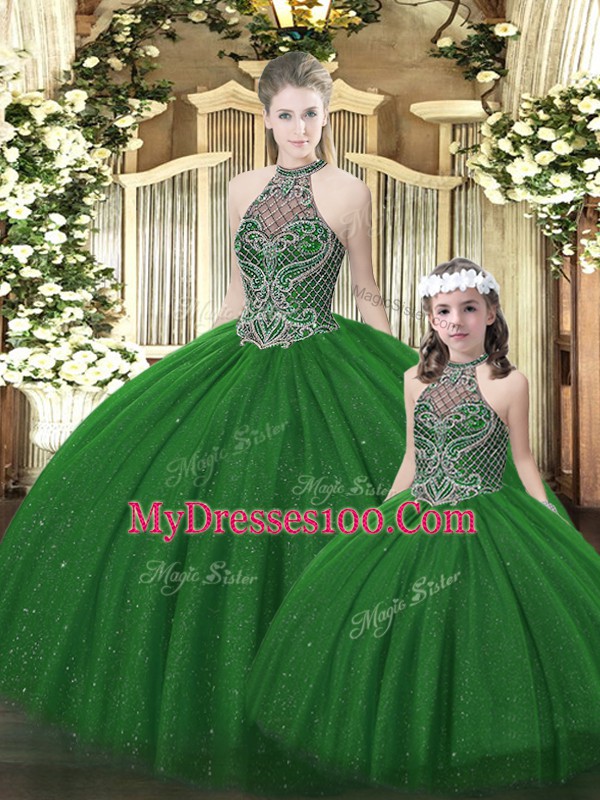Ball Gowns Vestidos de Quinceanera Dark Green Halter Top Tulle Sleeveless Floor Length Lace Up