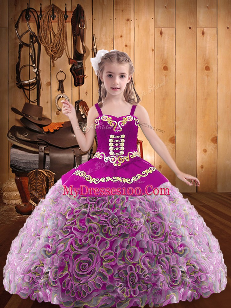 Charming Multi-color Sleeveless Floor Length Embroidery and Ruffles Lace Up Pageant Gowns For Girls