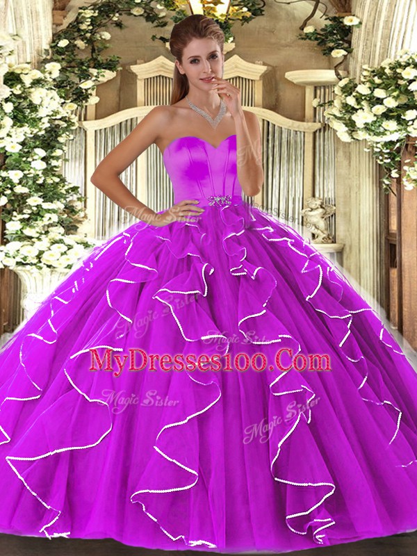 Floor Length Fuchsia 15 Quinceanera Dress Organza Sleeveless Beading and Ruffles