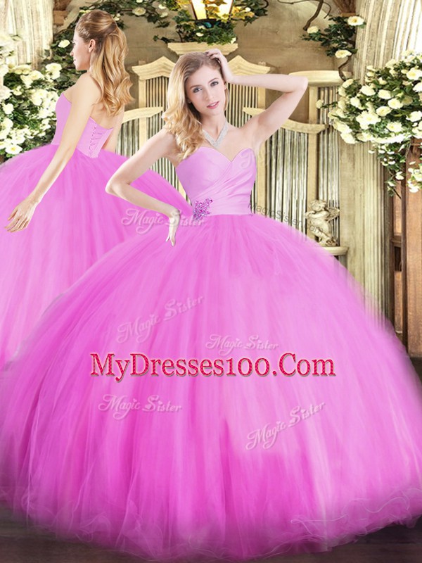 Decent Fuchsia Tulle Lace Up Sweetheart Sleeveless Floor Length Sweet 16 Dress Beading