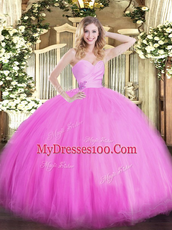 Decent Fuchsia Tulle Lace Up Sweetheart Sleeveless Floor Length Sweet 16 Dress Beading