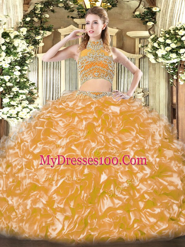 Vintage Floor Length Two Pieces Sleeveless Gold Sweet 16 Dress Backless
