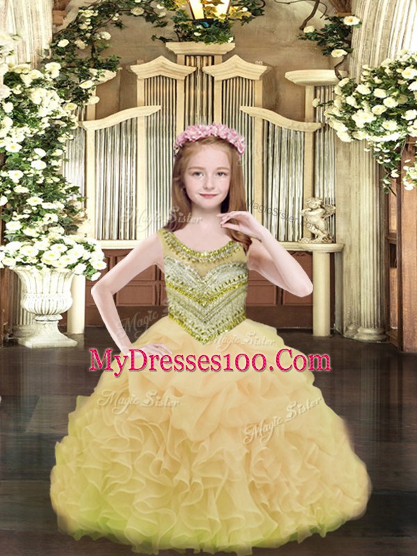 Sleeveless Organza Floor Length Lace Up Winning Pageant Gowns in Gold with Beading and Ruffles and Pick Ups