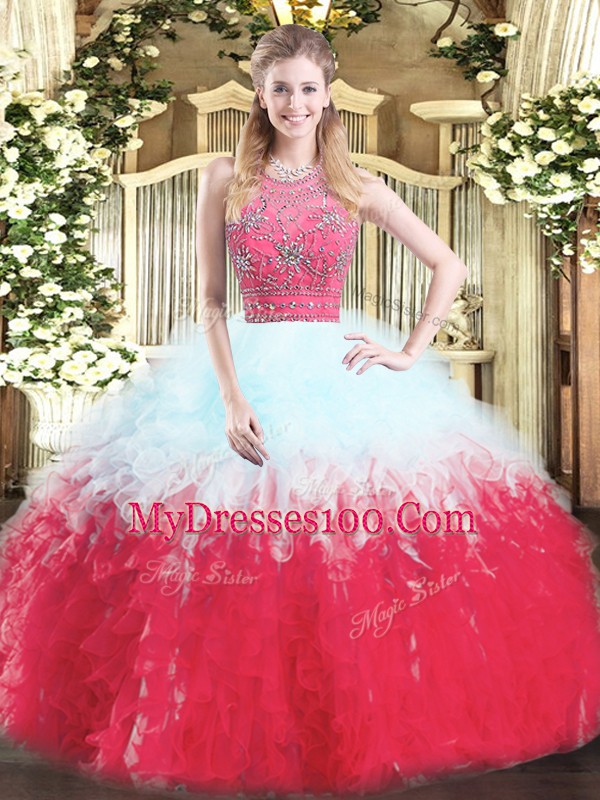Clearance Sleeveless Zipper Floor Length Beading and Ruffles Sweet 16 Quinceanera Dress