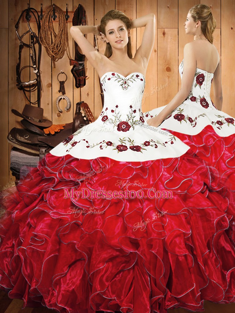 Dynamic Sleeveless Lace Up Floor Length Embroidery and Ruffles Quinceanera Dress