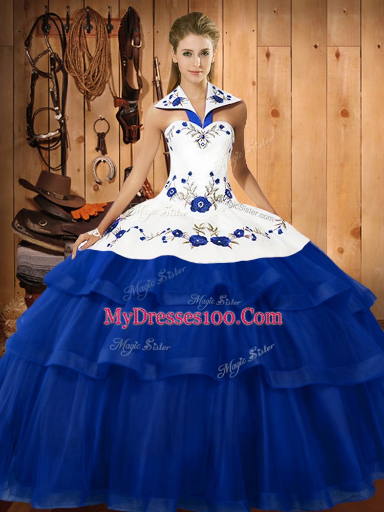 Blue Sleeveless Sweep Train Embroidery and Ruffled Layers Sweet 16 Dresses