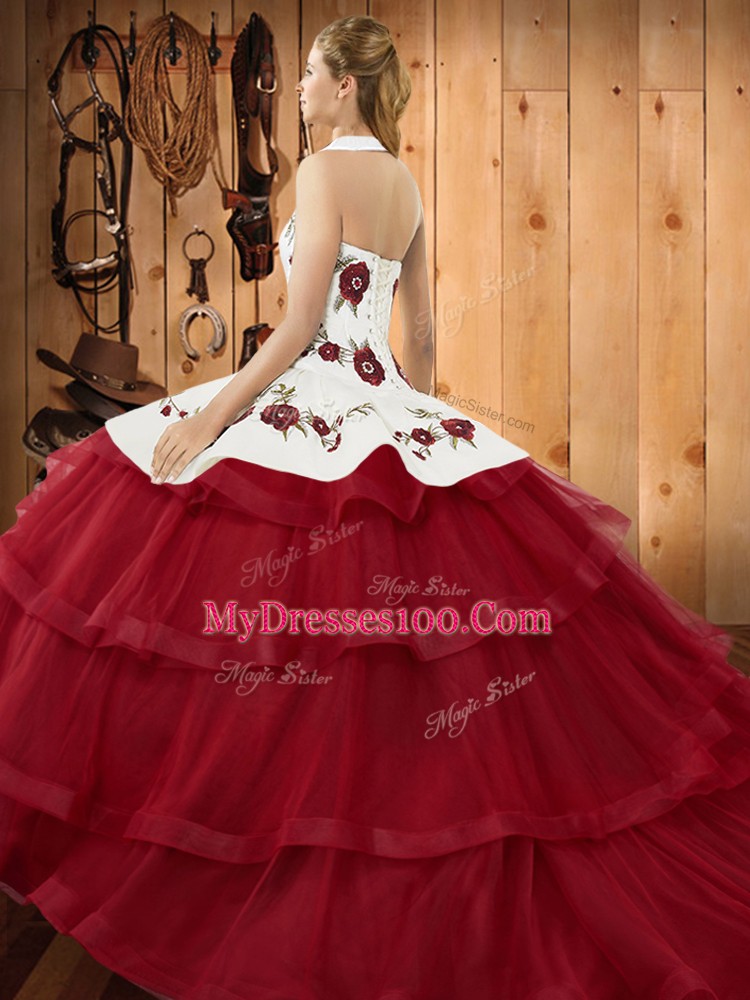 Blue Sleeveless Sweep Train Embroidery and Ruffled Layers Sweet 16 Dresses