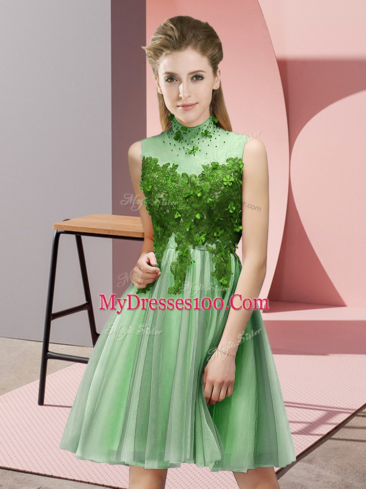 Apple Green Tulle Lace Up Dama Dress Sleeveless Knee Length Appliques