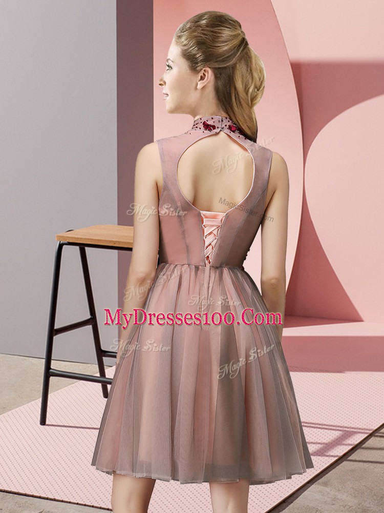Apple Green Tulle Lace Up Dama Dress Sleeveless Knee Length Appliques