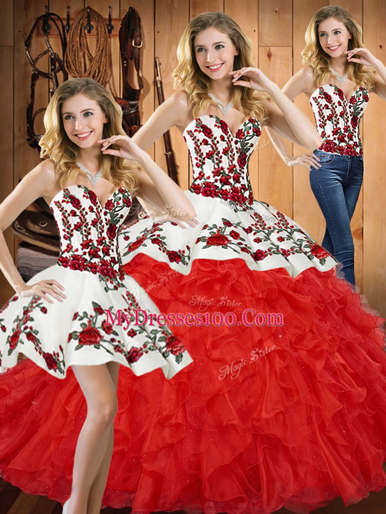 Red Ball Gowns Embroidery and Ruffles Ball Gown Prom Dress Lace Up Tulle Sleeveless Floor Length