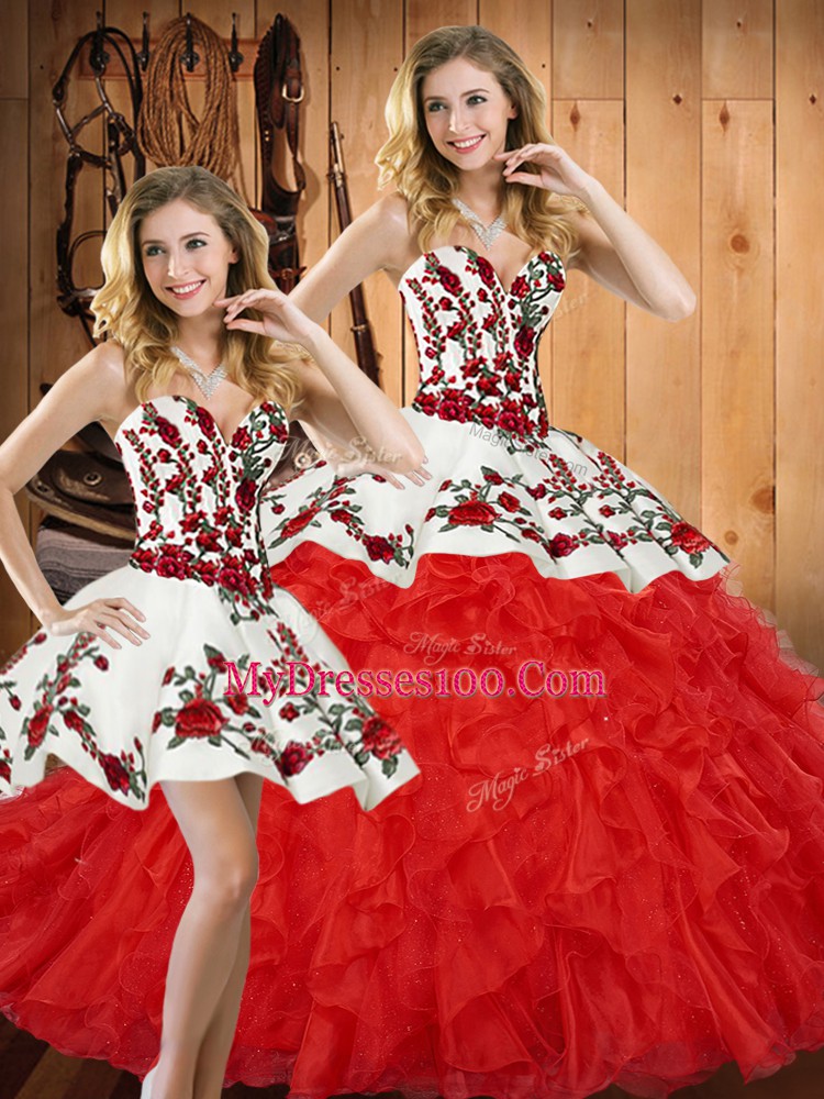 Red Ball Gowns Embroidery and Ruffles Ball Gown Prom Dress Lace Up Tulle Sleeveless Floor Length