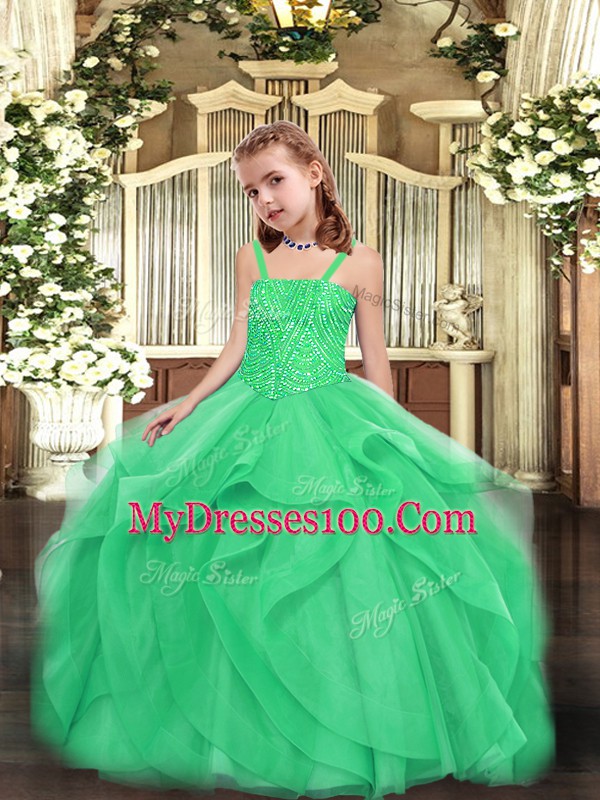 Turquoise Organza Lace Up Straps Sleeveless Floor Length Pageant Gowns For Girls Beading and Ruffles