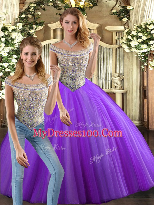 Eggplant Purple Lace Up Sweet 16 Dresses Beading Sleeveless Floor Length