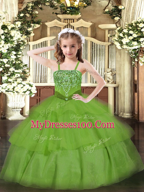 Green Ball Gowns Beading and Ruffled Layers Pageant Dress Wholesale Lace Up Organza Sleeveless Floor Length