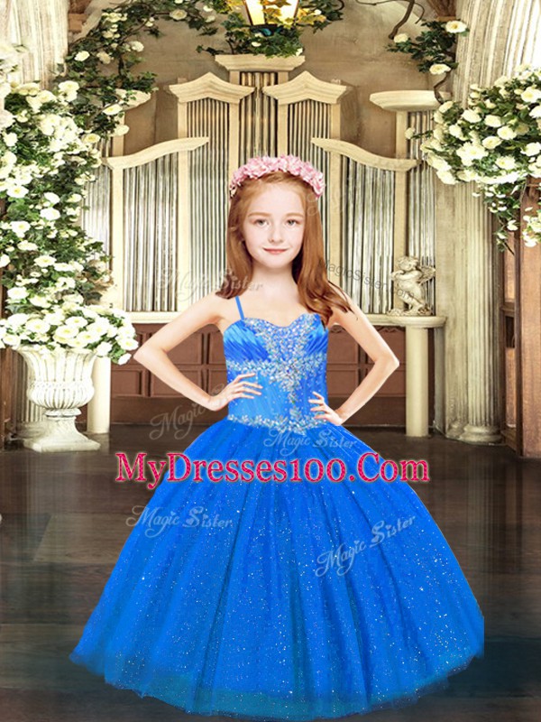 Excellent Blue Tulle Lace Up Little Girls Pageant Dress Sleeveless Floor Length Beading
