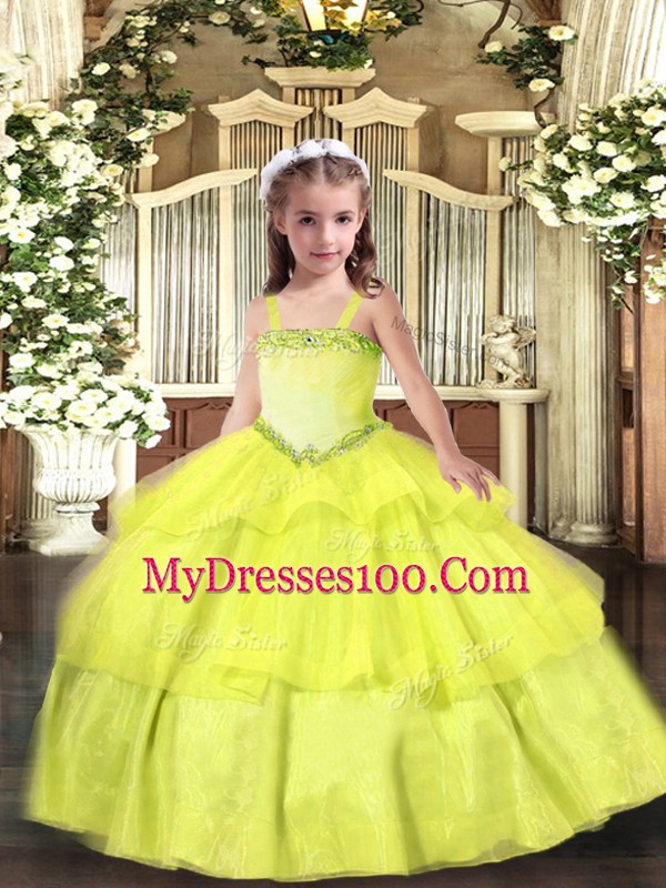 Floor Length Ball Gowns Sleeveless Yellow Pageant Dress for Womens Lace Up