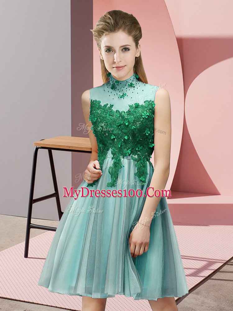 Smart Light Blue Tulle Lace Up Dama Dress Sleeveless Knee Length Appliques