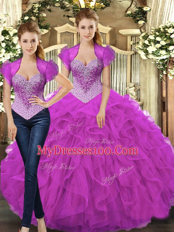 Gorgeous Beading and Ruffles Quinceanera Dresses Fuchsia Lace Up Sleeveless Floor Length
