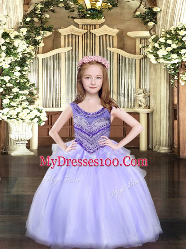 Perfect Lavender Organza Lace Up Little Girl Pageant Gowns Sleeveless Floor Length Beading