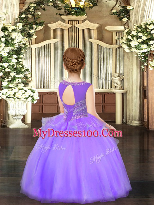 Perfect Lavender Organza Lace Up Little Girl Pageant Gowns Sleeveless Floor Length Beading