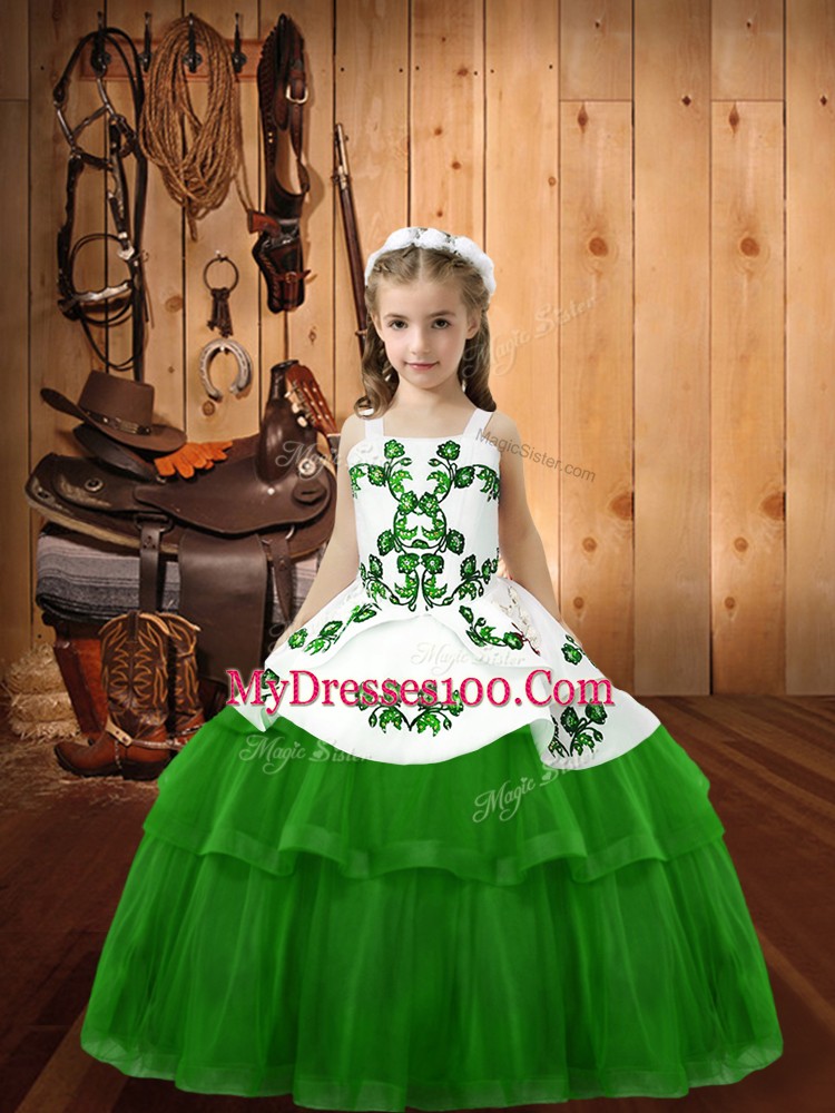 Ball Gowns Tulle Straps Sleeveless Embroidery Floor Length Lace Up Little Girls Pageant Gowns
